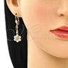Oro Laminado Long Earring, Gold Filled Style Flower Design, with White Cubic Zirconia, Polished, Golden Finish, 02.387.0050