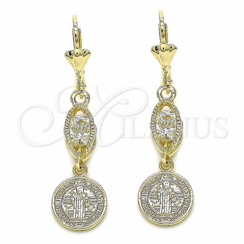 Oro Laminado Long Earring, Gold Filled Style San Benito Design, with White Cubic Zirconia, Polished, Golden Finish, 02.351.0030