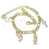 Oro Laminado Charm Bracelet, Gold Filled Style Moon and Star Design, Polished, Tricolor, 03.351.0116.07