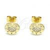 Oro Laminado Stud Earring, Gold Filled Style Heart Design, with White Micro Pave, Polished, Golden Finish, 02.344.0118