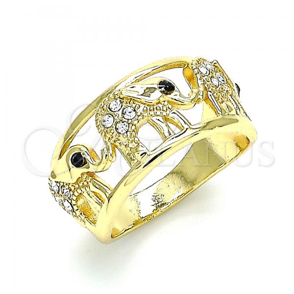 Oro Laminado Multi Stone Ring, Gold Filled Style Elephant Design, with White and Black Crystal, Polished, Golden Finish, 01.380.0001.08
