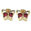 Oro Laminado Stud Earring, Gold Filled Style Butterfly and Heart Design, with Ruby Cubic Zirconia, Polished, Golden Finish, 02.26.0283.2