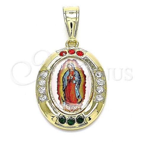 Oro Laminado Religious Pendant, Gold Filled Style Guadalupe Design, with Multicolor Crystal, Polished, Golden Finish, 05.253.0148