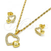 Oro Laminado Earring and Pendant Adult Set, Gold Filled Style Heart Design, with White Cubic Zirconia, Polished, Golden Finish, 10.199.0006