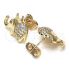 Oro Laminado Stud Earring, Gold Filled Style Elephant and Crown Design, with White Micro Pave, Polished, Golden Finish, 02.185.0009