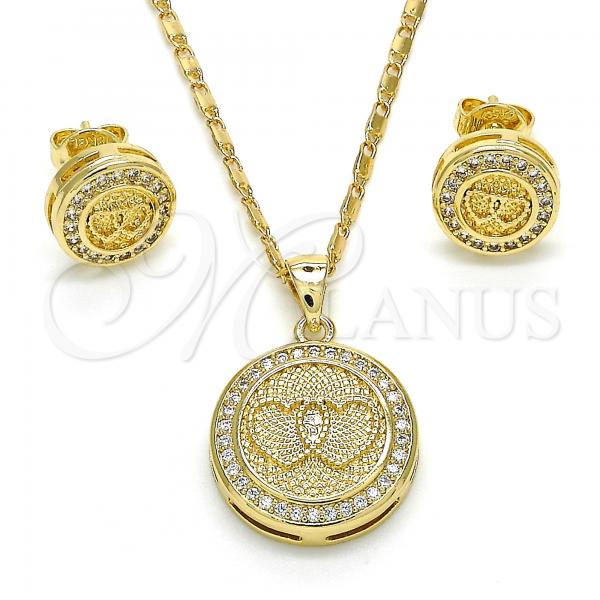 Oro Laminado Earring and Pendant Adult Set, Gold Filled Style Heart Design, with White Micro Pave, Polished, Golden Finish, 10.156.0153