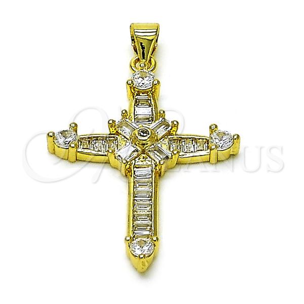 Oro Laminado Religious Pendant, Gold Filled Style Cross and Baguette Design, with White Cubic Zirconia, Polished, Golden Finish, 05.341.0099