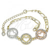 Oro Laminado Fancy Bracelet, Gold Filled Style Heart Design, with White Crystal, Polished, Tricolor, 03.380.0126.08