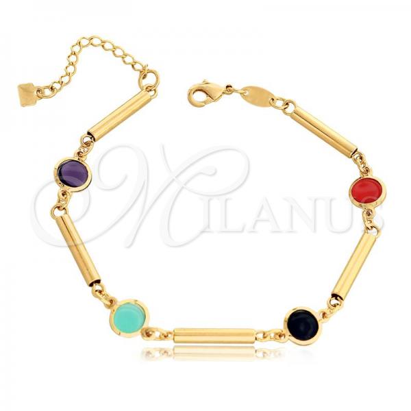Oro Laminado Fancy Bracelet, Gold Filled Style Bamboo Design, with Multicolor Crystal, Multicolor Polished, Golden Finish, 03.32.0175.07