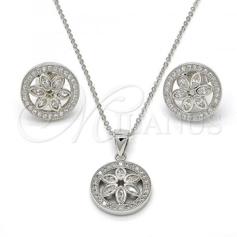 Sterling Silver Earring and Pendant Adult Set, Flower Design, with White Micro Pave and White Cubic Zirconia, Polished, Rhodium Finish, 10.174.0239