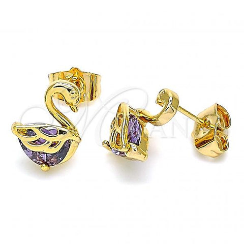 Oro Laminado Stud Earring, Gold Filled Style Swan Design, with Amethyst Cubic Zirconia, Polished, Golden Finish, 02.387.0002.1