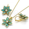 Oro Laminado Earring and Pendant Adult Set, Gold Filled Style Flower Design, with Turquoise and White Crystal, Polished, Golden Finish, 10.64.0157