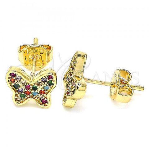 Oro Laminado Stud Earring, Gold Filled Style Butterfly Design, with Multicolor Micro Pave, Polished, Golden Finish, 02.233.0013