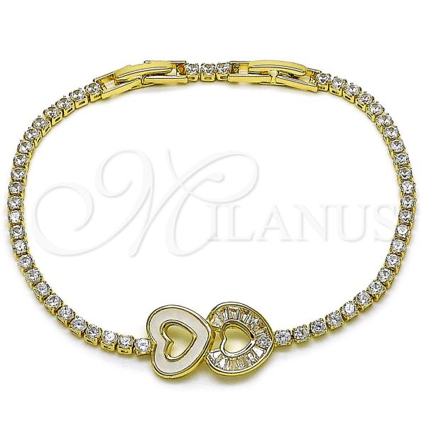 Oro Laminado Fancy Bracelet, Gold Filled Style Heart and Baguette Design, with White Cubic Zirconia and Ivory Mother of Pearl, Polished, Golden Finish, 03.421.0004.07