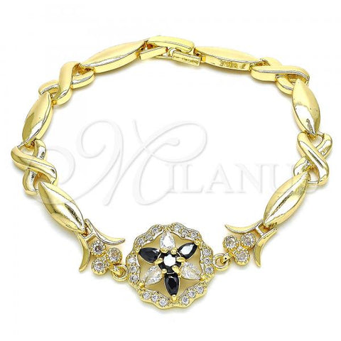 Oro Laminado Fancy Bracelet, Gold Filled Style Flower and Hugs and Kisses Design, with Black and White Cubic Zirconia, Polished, Golden Finish, 03.210.0130.1.08