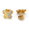 Oro Laminado Stud Earring, Gold Filled Style Butterfly Design, with White Micro Pave, Polished, Golden Finish, 02.260.0014