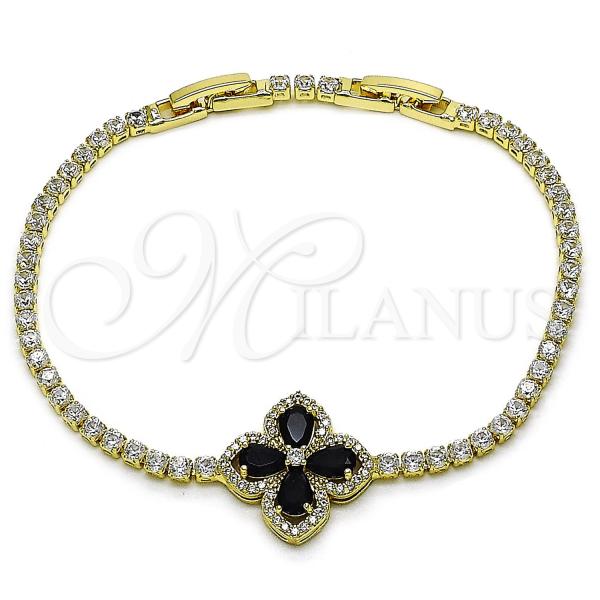 Oro Laminado Tennis Bracelet, Gold Filled Style Four-leaf Clover Design, with Black and White Cubic Zirconia, Polished, Golden Finish, 03.284.0038.3.08