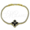 Oro Laminado Tennis Bracelet, Gold Filled Style Four-leaf Clover Design, with Black and White Cubic Zirconia, Polished, Golden Finish, 03.284.0038.3.08