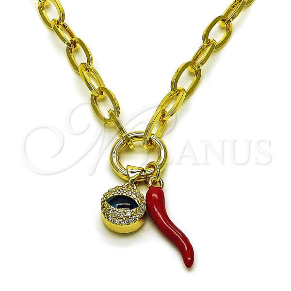 Oro Laminado Fancy Necklace, Gold Filled Style Chili and Evil Eye Design, with White Micro Pave and Blue Zircon Crystal, Polished, Golden Finish, 04.341.0238.18