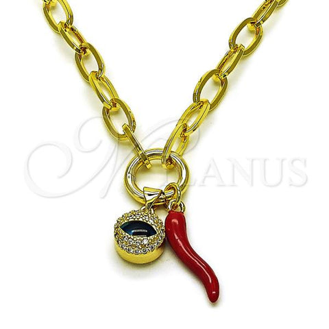 Oro Laminado Fancy Necklace, Gold Filled Style Chili and Evil Eye Design, with White Micro Pave and Blue Zircon Crystal, Polished, Golden Finish, 04.341.0238.18