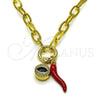 Oro Laminado Fancy Necklace, Gold Filled Style Chili and Evil Eye Design, with White Micro Pave and Blue Zircon Crystal, Polished, Golden Finish, 04.341.0238.18