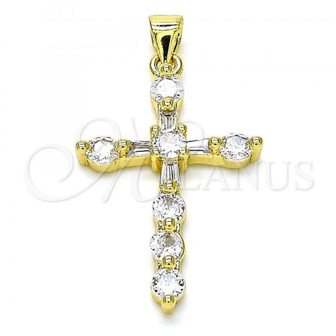 Oro Laminado Religious Pendant, Gold Filled Style Cross Design, with White Cubic Zirconia, Polished, Golden Finish, 05.341.0046