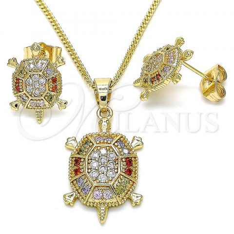 Oro Laminado Earring and Pendant Adult Set, Gold Filled Style Turtle Design, with Multicolor Micro Pave, Polished, Golden Finish, 10.210.0153.1