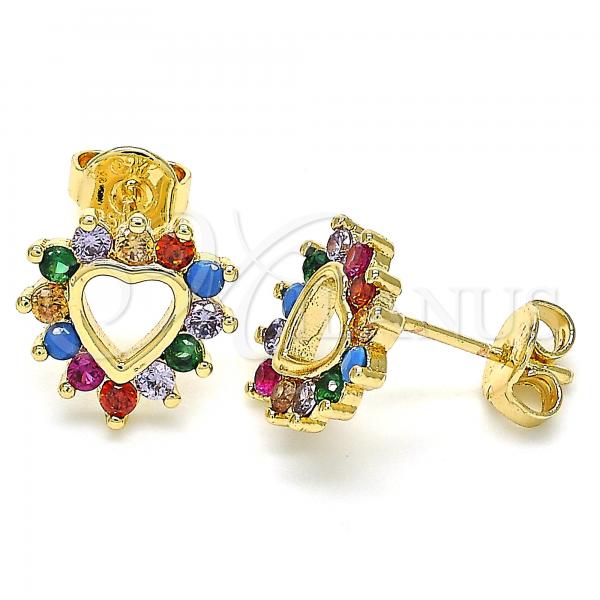 Oro Laminado Stud Earring, Gold Filled Style Heart Design, with Multicolor Cubic Zirconia, Polished, Golden Finish, 02.233.0024