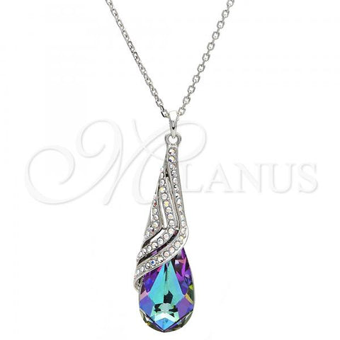 Rhodium Plated Pendant Necklace, Teardrop and Rolo Design, with Heliotrope and Aurore Boreale Swarovski Crystals, Polished, Rhodium Finish, 04.239.0037.1.16