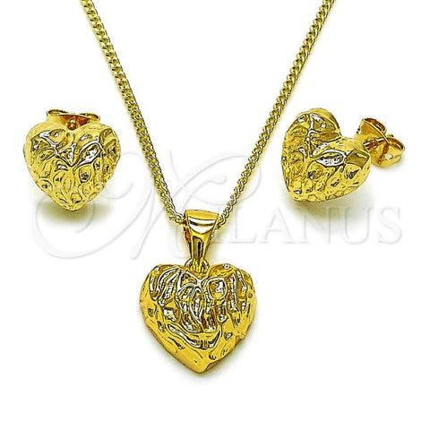 Oro Laminado Earring and Pendant Adult Set, Gold Filled Style Heart Design, Diamond Cutting Finish, Golden Finish, 10.342.0213