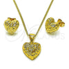 Oro Laminado Earring and Pendant Adult Set, Gold Filled Style Heart Design, Diamond Cutting Finish, Golden Finish, 10.342.0213