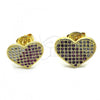 Oro Laminado Stud Earring, Gold Filled Style Heart Design, with Ruby and White Micro Pave, Polished, Golden Finish, 02.94.0092