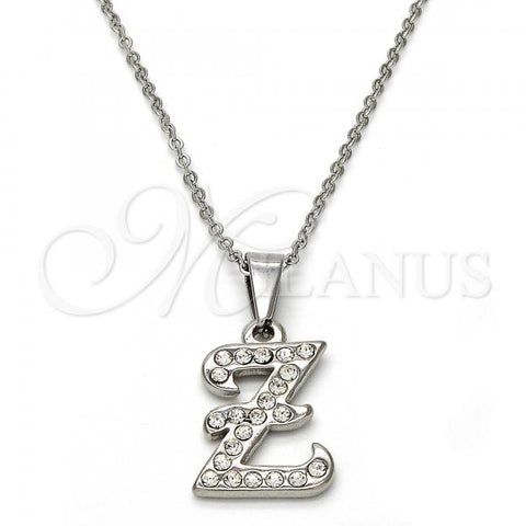 Stainless Steel Pendant Necklace, Initials and Rolo Design, with White Crystal, Polished, Steel Finish, 04.238.0031.18