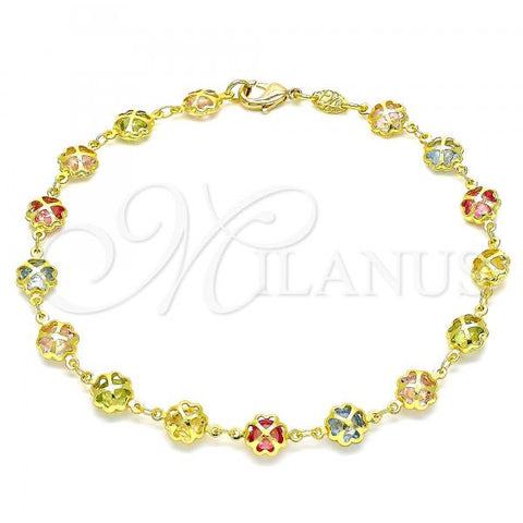 Oro Laminado Fancy Anklet, Gold Filled Style Four-leaf Clover Design, with Multicolor Cubic Zirconia, Polished, Golden Finish, 03.386.0002.10