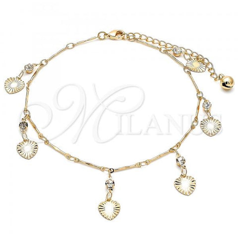 Oro Laminado Charm Anklet , Gold Filled Style Heart and Rattle Charm Design, with White Crystal, Polished, Golden Finish, 03.213.0107.10