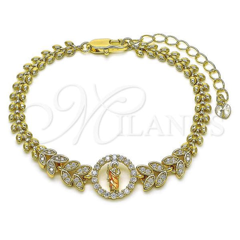 Oro Laminado Fancy Bracelet, Gold Filled Style San Judas and Leaf Design, with White Cubic Zirconia, Polished, Tricolor, 03.411.0015.1.07