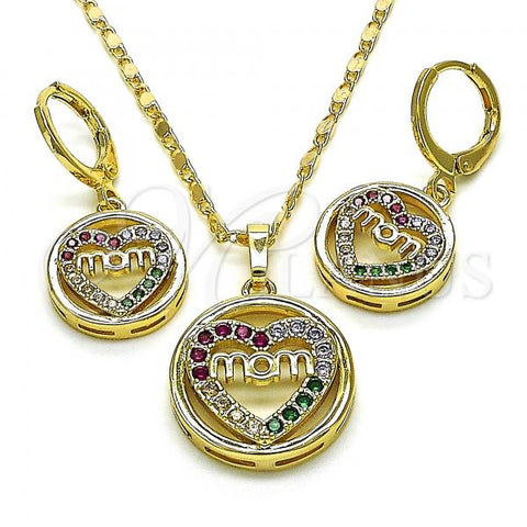 Oro Laminado Earring and Pendant Adult Set, Gold Filled Style Mom and Heart Design, with Multicolor Cubic Zirconia, Polished, Golden Finish, 10.196.0065.1