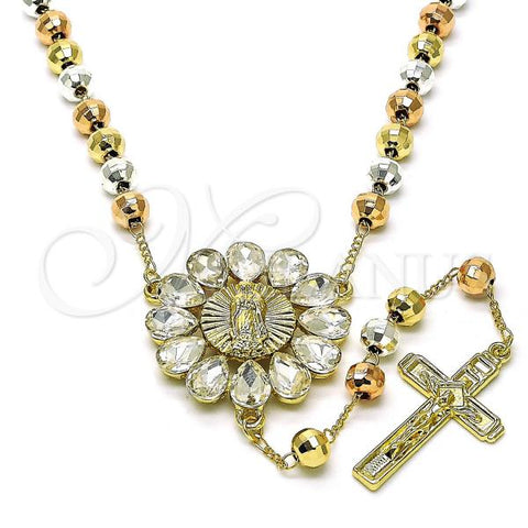 Oro Laminado Medium Rosary, Gold Filled Style Guadalupe and Teardrop Design, with White Crystal, Polished, Tricolor, 09.411.0001.24