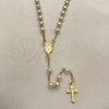 Oro Laminado Thin Rosary, Gold Filled Style Cross and Virgen Maria Design, with Ivory Pearl, Polished, Golden Finish, 5.212.009.18