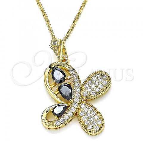 Oro Laminado Pendant Necklace, Gold Filled Style Butterfly and Teardrop Design, with Black Cubic Zirconia and White Micro Pave, Polished, Golden Finish, 04.323.0012.2.20