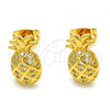 Oro Laminado Stud Earring, Gold Filled Style Pineapple Design, with White Micro Pave, Polished, Golden Finish, 02.342.0014