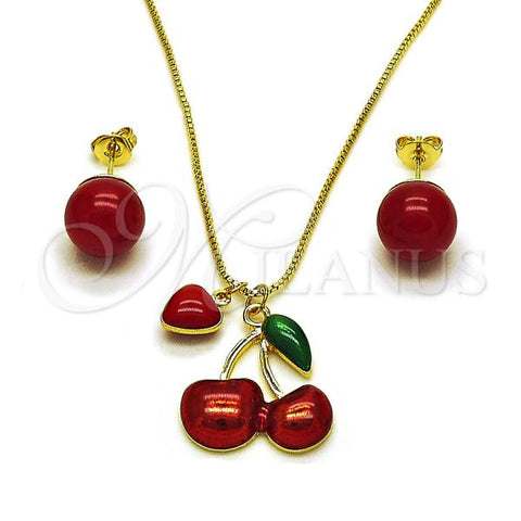 Oro Laminado Earring and Pendant Adult Set, Gold Filled Style Cherry and Heart Design, with Garnet Pearl, Red Enamel Finish, Golden Finish, 10.417.0025