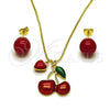 Oro Laminado Earring and Pendant Adult Set, Gold Filled Style Cherry and Heart Design, with Garnet Pearl, Red Enamel Finish, Golden Finish, 10.417.0025