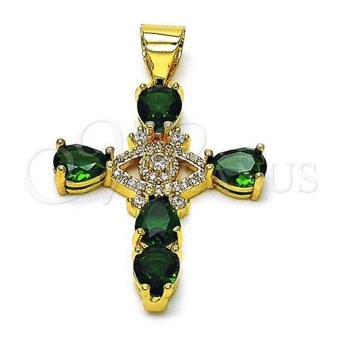 Oro Laminado Religious Pendant, Gold Filled Style Cross and Evil Eye Design, with Green and White Cubic Zirconia, Polished, Golden Finish, 05.342.0224