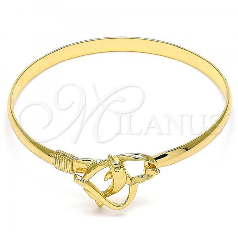 Oro Laminado Individual Bangle, Gold Filled Style Dolphin and Heart Design, Polished, Golden Finish, 07.192.0024.04