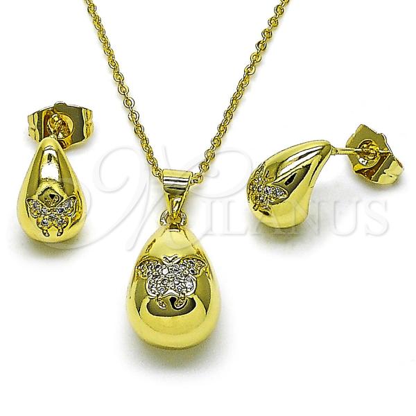 Oro Laminado Earring and Pendant Adult Set, Gold Filled Style Chunky and Butterfly Design, with White Micro Pave, Polished, Golden Finish, 10.156.0501