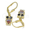 Oro Laminado Threader Earring, Gold Filled Style Owl Design, with Multicolor Micro Pave, Polished, Golden Finish, 02.210.0348.1