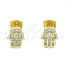 Oro Laminado Stud Earring, Gold Filled Style Hand of God Design, with White Micro Pave, Polished, Golden Finish, 02.344.0111