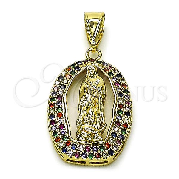 Oro Laminado Religious Pendant, Gold Filled Style Guadalupe Design, with Multicolor Cubic Zirconia, Polished, Golden Finish, 05.411.0070