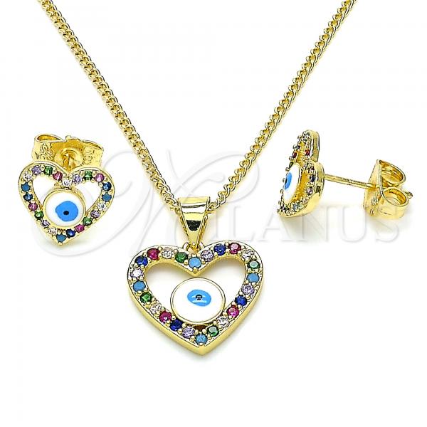 Oro Laminado Earring and Pendant Adult Set, Gold Filled Style Evil Eye and Heart Design, with Multicolor Micro Pave, White Enamel Finish, Golden Finish, 10.156.0365